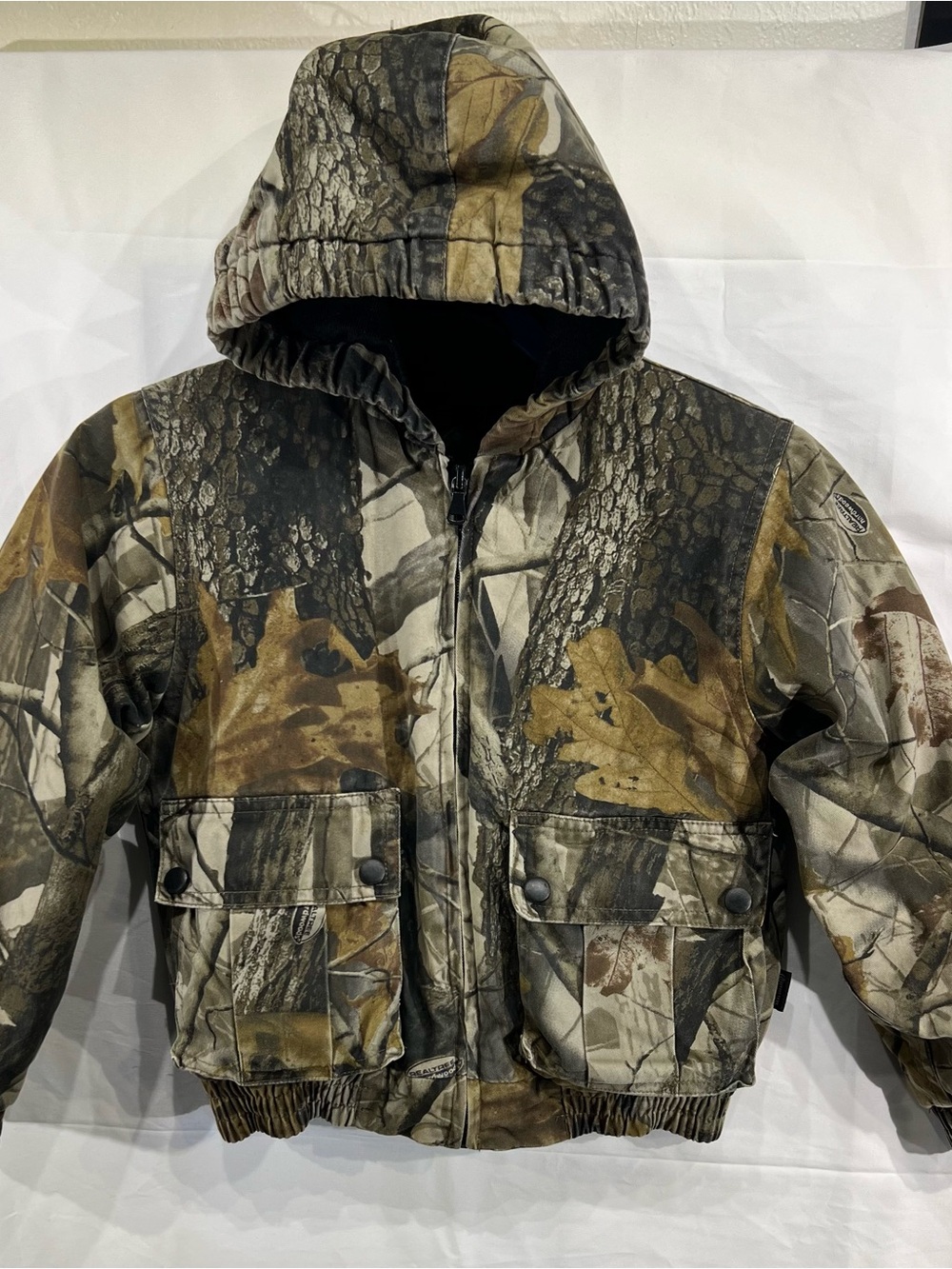 Kids Hooded Camo Puffer Jacket in Brown & Green